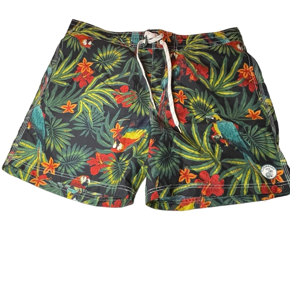 Caribbean Joe Hawaiian Swim Suit Trunks Black Parrot Print Men's XXL BoxBH